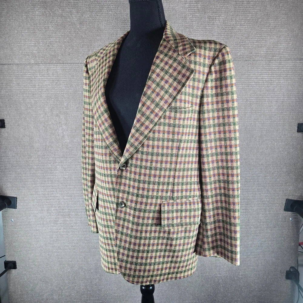 Vintage Mens 42 Green Tan Plaid Knit Two Button Sport Coat Blazer